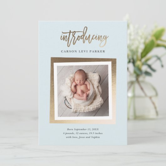 Introductie van de moderne Gold Script Baby Photo  Aankondiging (Staand voorkant)