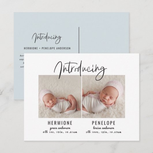 Introductie van de tweelingaankondiging uitnodiging briefkaart (Voorkant / Achterkant)