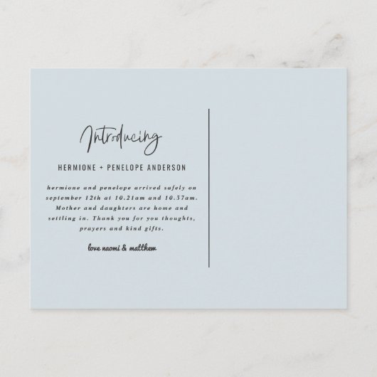 Introductie van de tweelingaankondiging uitnodiging briefkaart (Achterkant)