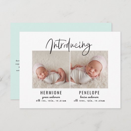 Introductie van de tweelingaankondiging uitnodiging briefkaart (Voorkant / Achterkant)