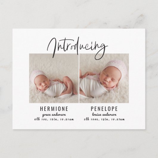 Introductie van de tweelingaankondiging uitnodiging briefkaart (Voorkant)