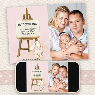 Introductie van Easel & Bunny Foto Baby Meisje Geb Aankondiging