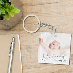 Introductie van Foto Birth Announcement Sleutelhanger<br><div class="desc">Een moderne geboorteaankondiging is een goede sleutelhanger met de foto van uw pasgeborene,  die is overspoeld met "Introduceren" in een stijlvol script met een hartslag. Voeg zijn naam,  geboortedatum en geboortestaat toe.</div>