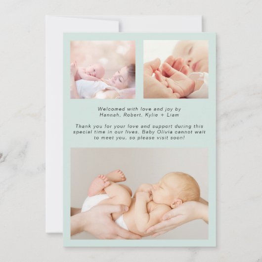 Introductie van Foto Collage Mint Birth Aankondiging (Achterkant)