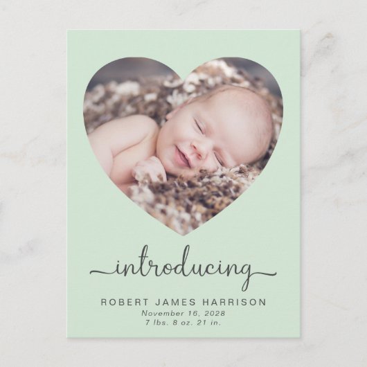 Introductie van Foto's Mint Green Baby Birth Aankondigingskaart (Voorkant)