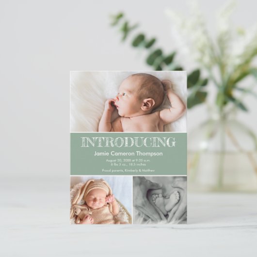 Introductie van Green Baby Photos Geboorteaankondi Aankondigingskaart (Staand voorkant)