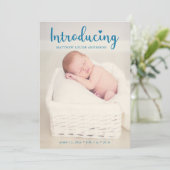 Introductie van Hand Lettering Blue Baby Boy Elega Aankondiging (Staand voorkant)