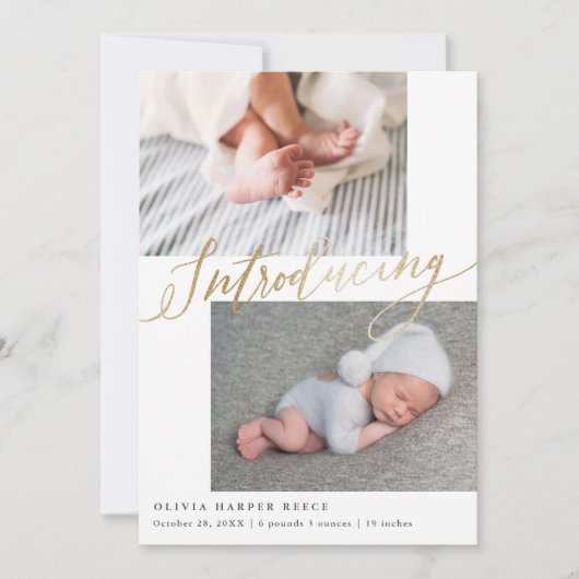 Introductie van Multi Photo Gold Script Birth Aankondiging (Voorkant)