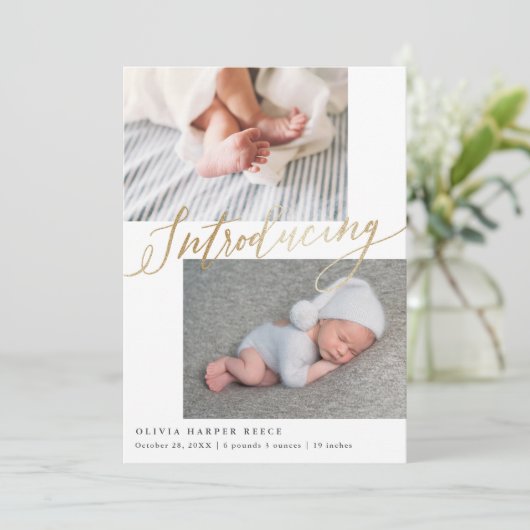 Introductie van Multi Photo Gold Script Birth Aankondiging (Staand voorkant)