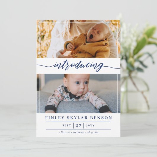 Introductie van Navy Script Photo Baby Aankondiging (Staand voorkant)