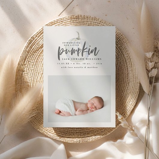 Introductie van onze kleine pompoen geboorte aanko feestdagenkaart