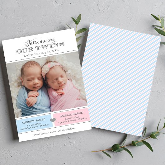 Introductie van onze tweeling baby jongen meisje f aankondiging