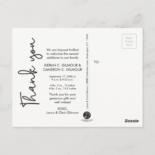 Introductie van Script Twin baby Geboorteaankondig Briefkaart (Achterkant)