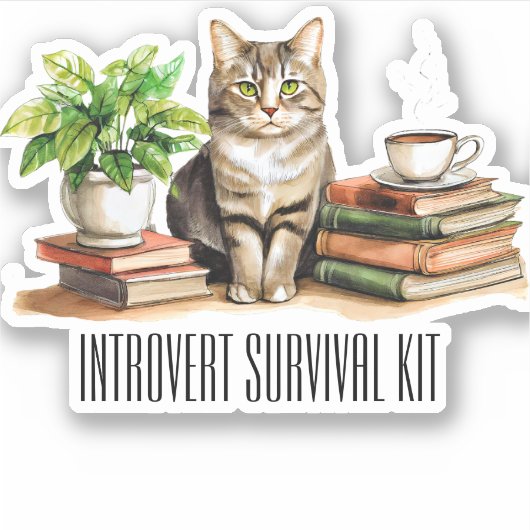 Introvert survival kit (Kat, plant, koffie, boeken Sticker (Voorkant)