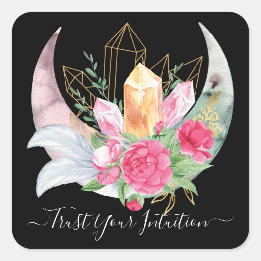 Intuïtie Crystals Moon Feathers Flowers Boho Vierkante Sticker (Voorkant)