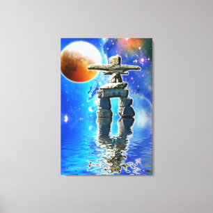 Inuit Eskimo Inukshuk & Moon Fantasy Art Canvas Afdruk