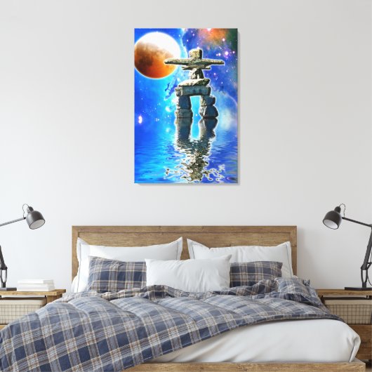 Inuit Eskimo Inukshuk & Moon Fantasy Art Canvas Afdruk (Insitu (Slaapkamer))