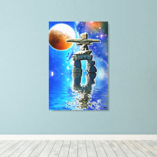 Inuit Eskimo Inukshuk & Moon Fantasy Art Canvas Afdruk (Insitu (Houten vloer))