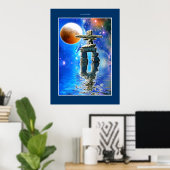 Inukshuk en Galaxy Moon Fantasy Art Poster (Thuiskantoor)