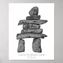 Inukshuk met Alaskan Scenes dotwork art