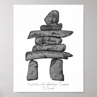 Inukshuk met Alaskan Scenes dotwork art Poster