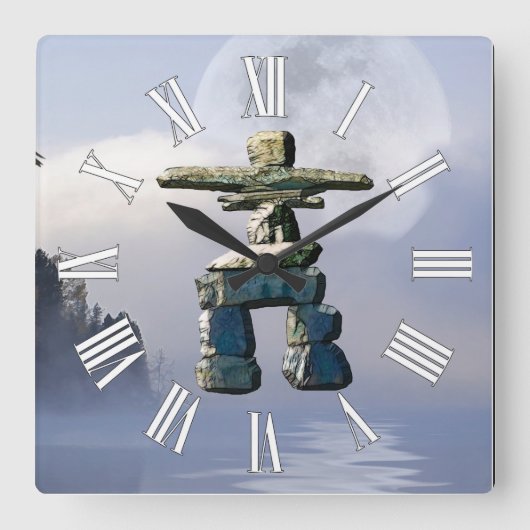 Inukshuk & Wilderness Moon Art Clock Vierkante Klok (Voorkant)