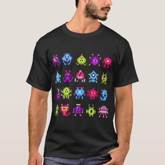 INVADERS I Love 80s Retro 8 Bit Pixel Space Monst T-shirt (Voorkant)