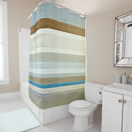 'Invent' Blue en Beige Abstract Art Douchegordijn (In situ)