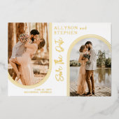 Inverteerde Arches Twee Fotobruiloft opslaan Datum Folie Uitnodiging (Voorkant)