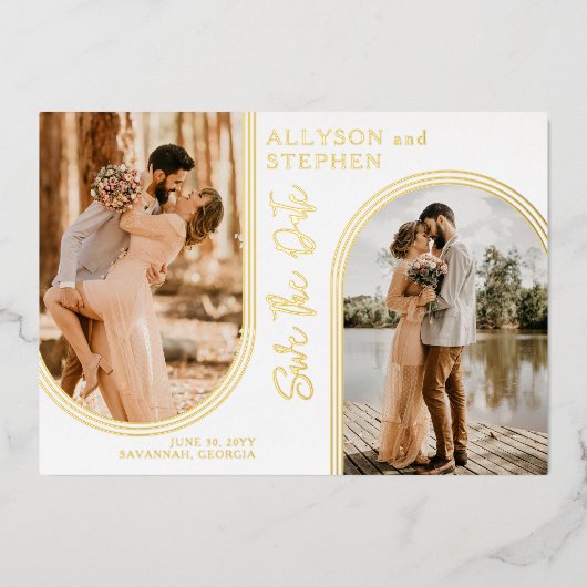 Inverteerde Arches Twee Fotobruiloft opslaan Datum Folie Uitnodiging (Voorkant)