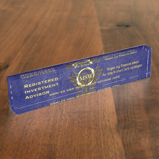 Investment Advisor, Gold Ring, blauw lederen-effec Naambordje (Zijkant)