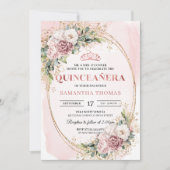 Invitación 15 Años Floral Rosa con Verde Eucalipto Kaart (Voorkant)