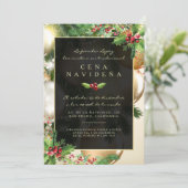 Invitación a una Cena Navideña Acebo y Adornos Kaart (Staand voorkant)