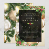 Invitación a una Cena Navideña Acebo y Adornos Kaart (Voorkant / Achterkant)