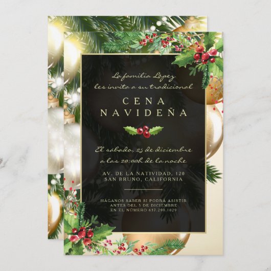 Invitación a una Cena Navideña Acebo y Adornos Kaart (Voorkant / Achterkant)