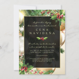 Invitación a una Cena Navideña Acebo y Adornos Kaart