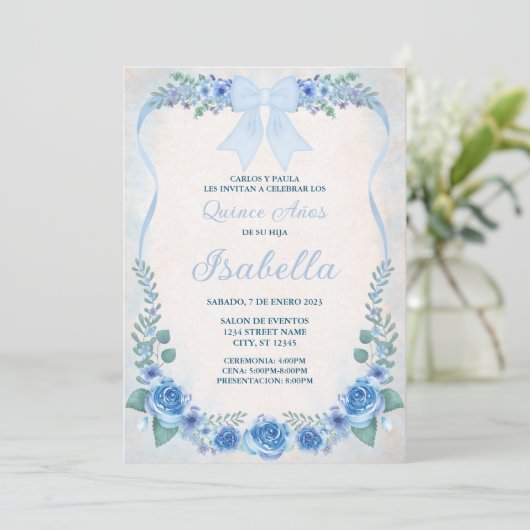 INVITACION AZUL FLORAL KAART (Staand voorkant)
