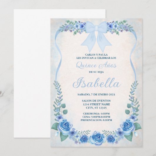 INVITACION AZUL FLORAL KAART (Voorkant / Achterkant)
