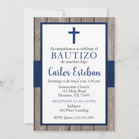 Invitación Azul Marino de Bautizo de Niño Kaart (Voorkant)