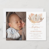 Invitación Baptism Boho white Pumpkin Photo Invita Kaart (Voorkant)