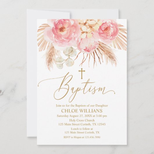 Invitación Baptism Floral pink Boho Pampas Girl In Kaart (Voorkant)