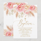 Invitación Baptism Floral pink Boho Pampas Girl In Kaart (Voorkant / Achterkant)