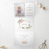 Invitacion Bautizo Con Flores Foto Baptisme Drieluik Uitnodiging (Binnen)