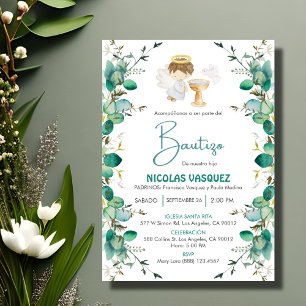 Invitacion Bautizo Cute leaves Boy Angel Baptism Kaart