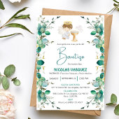Invitacion Bautizo Cute leaves Boy Angel Baptism Kaart