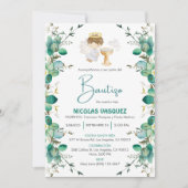 Invitacion Bautizo Cute leaves Boy Angel Baptism Kaart (Voorkant)