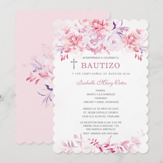 Invitación Bautizo y Primer Cumpleaños Niña Kaart (Voorkant / Achterkant)
