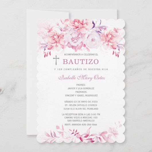 Invitación Bautizo y Primer Cumpleaños Niña Kaart (Voorkant)