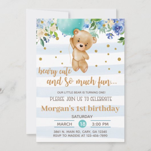 Invitación Beary cute bear balloon boy birthday in Kaart (Voorkant)