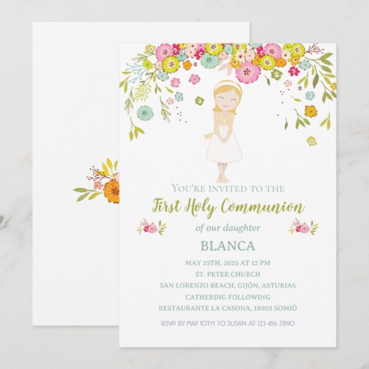 Invitación BLANCA Primera Comunión Kaart (Voorkant / Achterkant)